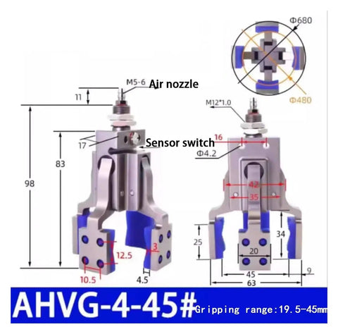 Diagram of a Heavy Duty Pneumatic Fixture Cylinder With Four Claw Clamp And Sensor Switch For Mechanical Arm Gripper, labeled dimensions