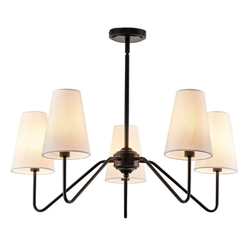 Totally Chic Modern Farmhouse Small Chandelier In Black Finish, white shades, perfect for dining room, living room, bedroom, foyer.