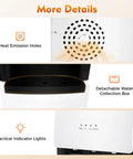 Water Cooler Dispenser With Bottom Loading For 5 Gallon Bottles With Three Temperature Settings Hot Cold And Room Temperature Water Perfect For Home Office Apartment White showing details like heat emission holes, detachable water collection box, and indicator lights on white body.