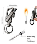 Infinity Permanent Match Lighter with Multitool Keychain Bottle Opener showing dimensions and components.