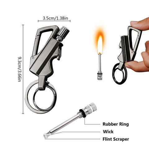 Infinity Permanent Match Lighter with Multitool Keychain Bottle Opener showing dimensions and components.
