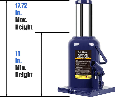 Beefy 50 Ton Hydraulic Car Bottle Jack For Auto Repair And Home Garage Lifts, Heavy Duty Welded Steel With Serrated Heat-Treated Saddle, 11 Inch To Seventeen And Three Quarters Inch Lift, Built For Cars Trucks And SUVs, Blue Finish
