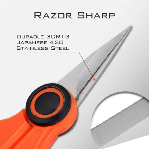 Paradox 5.5 Inch Fishing Scissors With Serrated 3CR13 Japanese 420 Stainless Blades For Braided Line Mono And Fluorocarbon In Freshwater And Saltwater No Fuss Lightweight Durable Handle For Easy On The Go Cuts close-up blade