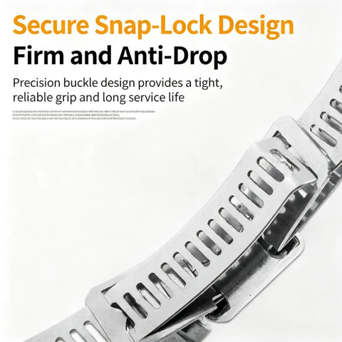 Get This 6.56 Ft Adjustable Stainless Steel Hose Clamp Strap With Screw Fasteners For Durable Repairs And A Custom Fit To Banish Leaks At The Shop, snap-lock clamp close-up