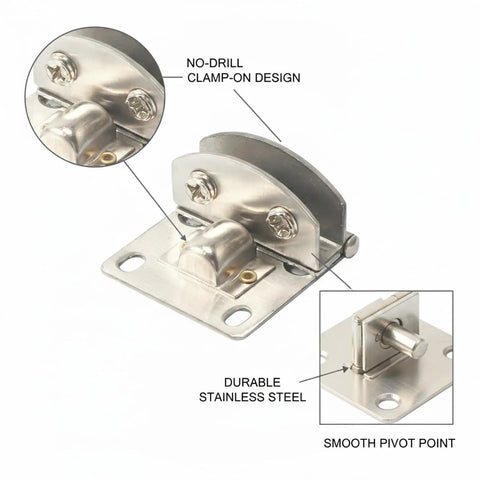 No-Drill Glass Door Hinge Set Stainless Steel Clamp-On Hardware close-up showing design and pivot point for DIY repairs