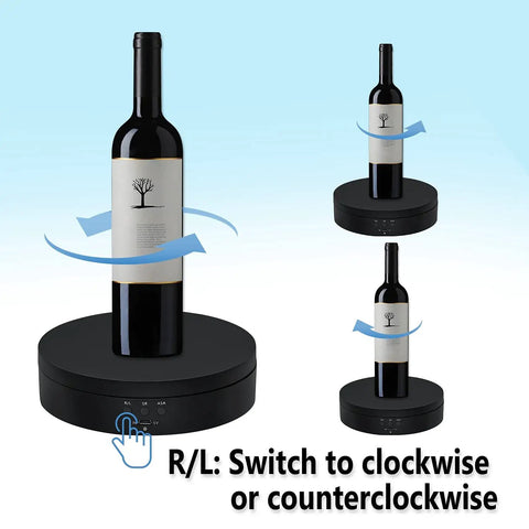 360 Degree Rotating Display Stand With Motorized Spinning Platform for Photography showing wine bottle rotation direction control