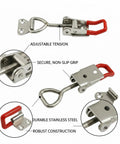 Adjustable Stainless Steel Toggle Latch Clamp with red grip for toolboxes featuring quick release draw catch.