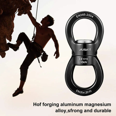 Rock climber using Beefy Black Swing Swivel With 360 Degree Rotation, Industrial Grade Hanging Accessory, 35 kN Capacity, Silent Sealed Ball Bearings For Smooth, Tangle Free Swinging.
