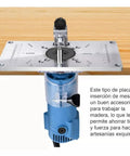 Heavy Duty Aluminum Router Table Insert Plate With Hella Precise Depth Marks And Four Caliber Sizes For Dead Straight Woodworking Trimming Over Any Shop Bench Project, mounted above a wood surface.