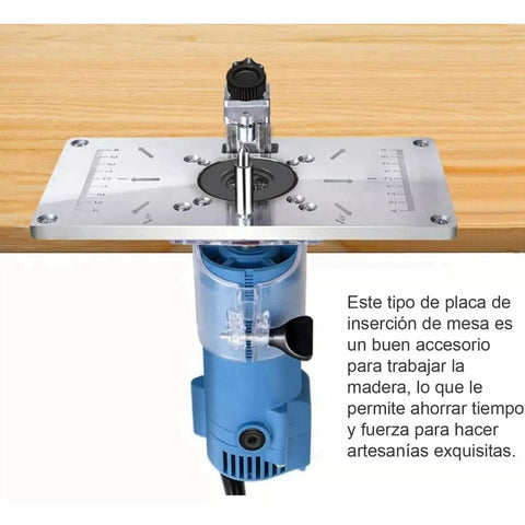 Heavy Duty Aluminum Router Table Insert Plate With Hella Precise Depth Marks And Four Caliber Sizes For Dead Straight Woodworking Trimming Over Any Shop Bench Project, mounted above a wood surface.