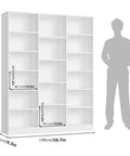 Triple Wide Bookshelf With Six Tier Storage And Seventeen Open Shelves In Pure White dimensions showing height and width for living area setup.