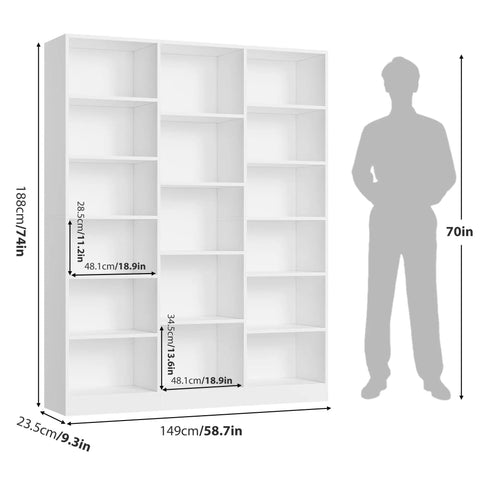 Triple Wide Bookshelf With Six Tier Storage And Seventeen Open Shelves In Pure White dimensions showing height and width for living area setup.