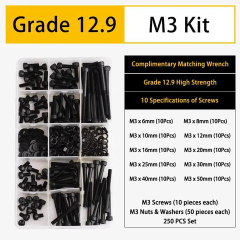 Premium Grade 12.9 Hex Socket Head Cap Screws Rock Solid High Strength Machine Screw Assortment Kit with assorted sizes and nuts.