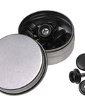 Rock Solid Marine Grade 304 Stainless Steel Screw On Snap Fastener Kit For Heavy Duty Boat Covers Canvas Plastics Wood Upholstery Furniture Four Pack Black in a tin container.