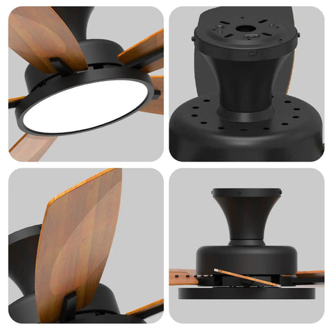 52 Inch No Fuss Quiet Ceiling Fan With Light And Remote Easy Setup Low Profile Flush Mount Ceiling Fan Reversible Blades Dimmable 3CCT Ultra Silent Black Fan For Bedroom Living Room Indoor Outdoor, close-up of black motor, blades, and light