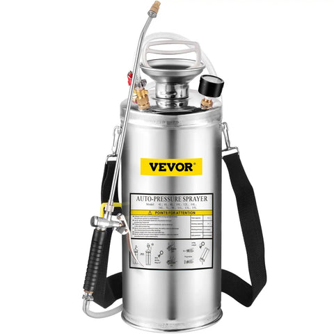 Front view of 2-Gallon Stainless Steel Hand Pump Sprayer With 20-Inch Wand And 3-Foot Reinforced Hose, Pressure Gauge, Safety Valve