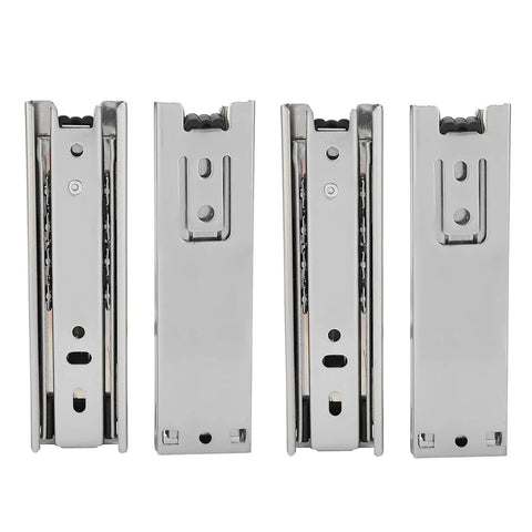 Four 5 inch drawer slides, full extension ball bearing runners, side mount with nylon wheels for kitchen cabinets and dressers.