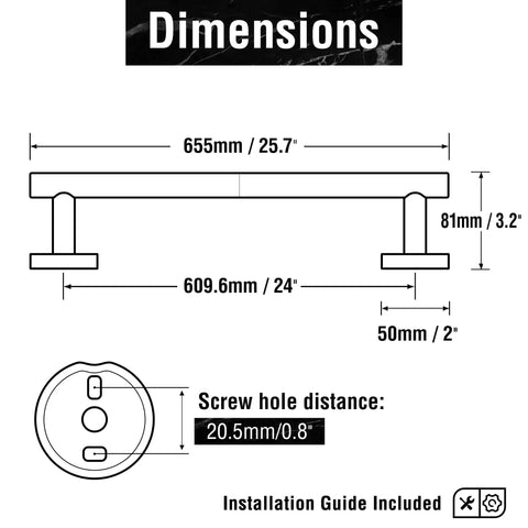 Diagram showing dimensions of Brushed Nickel 24 Inch Towel Bar Wall Mounted Stainless Steel Bath Rack with installation guide.