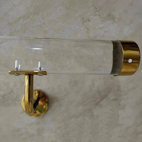 Clear Acrylic Stair Handrail With Rock Solid Gold Wall Brackets And Heavy Duty Stainless Supports Non Slip Grip Banister For Modern Homes No Sweat Install Indoor Outdoor Railing, close-up view of end bracket.
