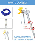 360 Degree Rotating Stainless Steel Swivel Joint For Airless Paint Sprayers And Hose High Pressure Spray Gun Connector Accessory One Quarter Inch Pro Grade Heavy Duty That Reduces Wrist Strain And Hose Kinking, shown connected to spray gun and hose