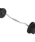 Olympic Curl Bar Weight Set With Six Plates And Bar Clamps For Lifts 55Lb Home Gym, showing angled view of bar and plates.