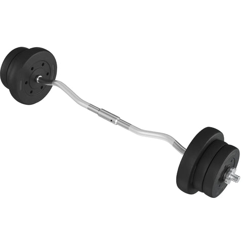 Olympic Curl Bar Weight Set With Six Plates And Bar Clamps For Lifts 55Lb Home Gym, showing angled view of bar and plates.