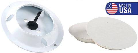 Drywall Repair Kit With Tapered Hole Saw And Two Plugs, Made in USA, showing hole saw with pilot drill and drywall plugs