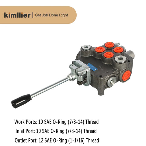 kimllier two-spool hydraulic directional valve with joystick, front view, gray body with orange port caps