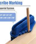 Heavy Duty Two Piece Center Scriber Set With Dead On Marking And Offset Position Gauge For Woodworking And Carpentry Fits Standard Pencils showing imperial size markings on gauge.
