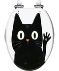 Elongated Resin Toilet Seat for Halloween Bathroom Decor featuring a playful black cat design, 14.5" x 18.5" size.