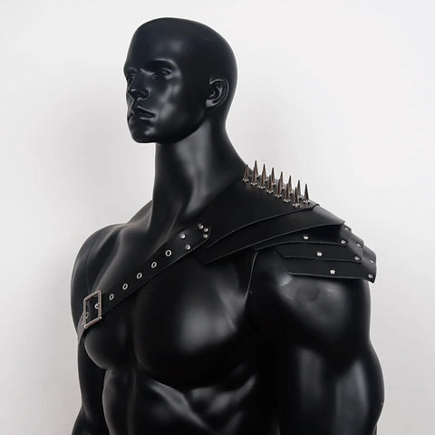 Medieval Shoulder Armor Harness With Rivet Guards For Cosplay, Adjustable PU Leather Pauldron Set on mannequin