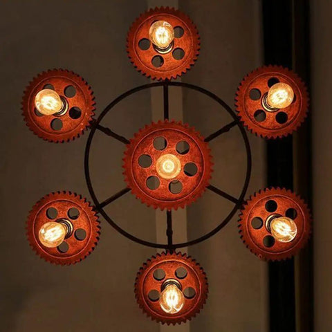 Overhead view of 7-Head Farmhouse Chandelier Rustic Industrial Pendant Light For Restaurants, Bars, And Coffee Shops