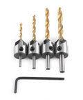 Front view of a 4-piece carbon steel countersink drill bit set with hex key for woodworking; gold-colored bits