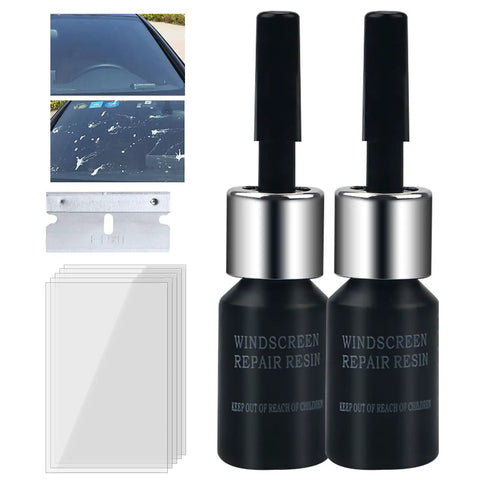 Fix Cracks Fast With Nano Glass Repair Kit For Windshields And Glass Chips Scratches with repair fluid, cutter, and resin bottles