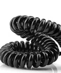 Badass Stretchy Coil Extension Cord With Heavy Duty Spiral Spring Design Hella Flexible Telescopic Power Wire Expanding Fifty Foot Range For Trucks And Shop Tools close-up of the black spiral design.