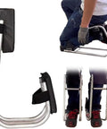 Set Of 2 Knee Seats For Gardening, Strap On Kneeling Pads For One Leg Support in use, showing ergonomic design and metal frame.
