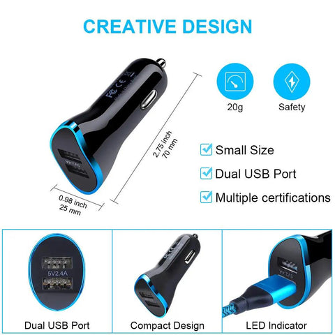 Heavy Duty Usb C Car Charger With Fast Charging Cable Set Dual Port Quick Charge Adapter showing dual USB ports and compact design.