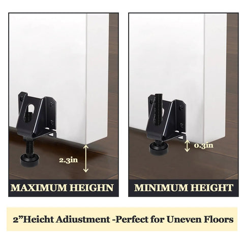 Heavy Duty Adjustable Leveling Feet 4 Pack Galvanized Steel Leg Levelers With L Shaped Brackets showing height adjustment from 0.3 to 2.3 inches
