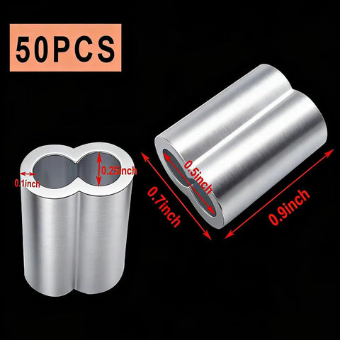 Pack Of 50 Aluminum Crimping Loop Sleeves For One Quarter Inch Wire Rope And Cable, 6mm Diameter, Double Hole Ferrule Crimps, Easy Lock With Vise Or Pliers, Built Tough, Anti Corrosion Durable Aluminum Cable Fittings, 50 pcs