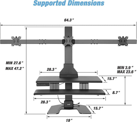 Avlt Electric Standing Desk Converter Fits Triple 32 Inch Monitors dimensions chart showing height and width measurements.