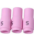 Three pink alumina nozzles marked #5 from Pro Grade TIG Welding Torch Repair Kit With Gas Lens Alumina Nozzles Glass Cups And Collet Set