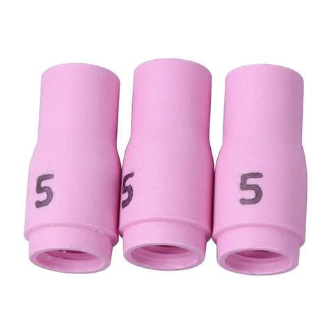 Three pink alumina nozzles marked #5 from Pro Grade TIG Welding Torch Repair Kit With Gas Lens Alumina Nozzles Glass Cups And Collet Set