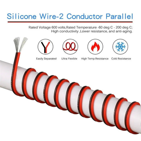 22 Gauge Flexible Two Conductor Parallel Silicone Wire Spool Red And Black High Temperature 200 C 600V For LED Strip
