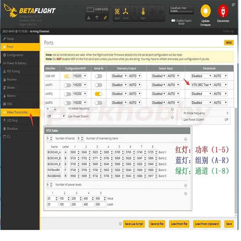 Screenshot of Betaflight software showing settings for Ultra Light 40CH FPV Transmitter With 20x20mm Mount, Adjustable 25-600mW VTX.