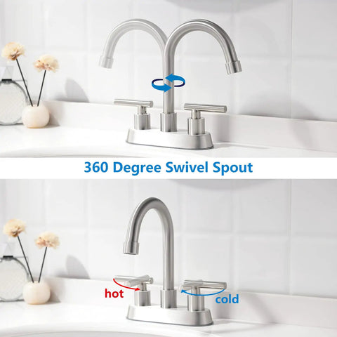 Brushed Nickel 4 Inch Centerset Two Handle Bathroom Faucet With Stainless Steel Build Pop Up Drain, 360-degree swivel spout shown.