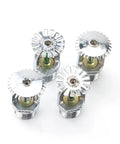 Built Tough Pendent Fire Sprinkler Head 93 Degree Activation One Half Inch Solid Copper Construction Five Pack showing chrome finish and bulb.