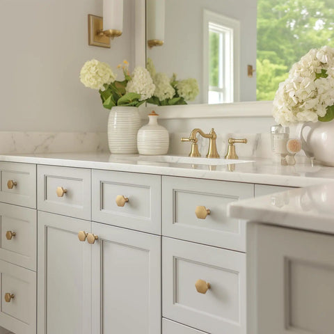 Bathroom with Brushed Gold Hexagon Cabinet Knobs And Drawer Pulls, 12 Pack, 1-1/3 Inch, Dope Brass Hardware on white cabinets