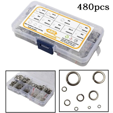 All In One 480 Piece 304 Stainless Steel Spring Lock Washer Set With 9 Sizes M2 Through M10 In Transparent Storage Case For Automotive Electrical And Marine Projects, assorted washers