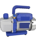 Premium Single Stage Rotary Vane Vacuum Pump For Automotive Air Conditioning Refrigerant Recovery Hvac Mechanic Tool side view with blue handle.