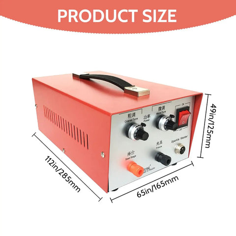 Handheld Jewelry Spot Welder 30 Amp For Gold Silver Platinum And K Gold Pro Pulse Arc Spot Welder, dimensions labeled